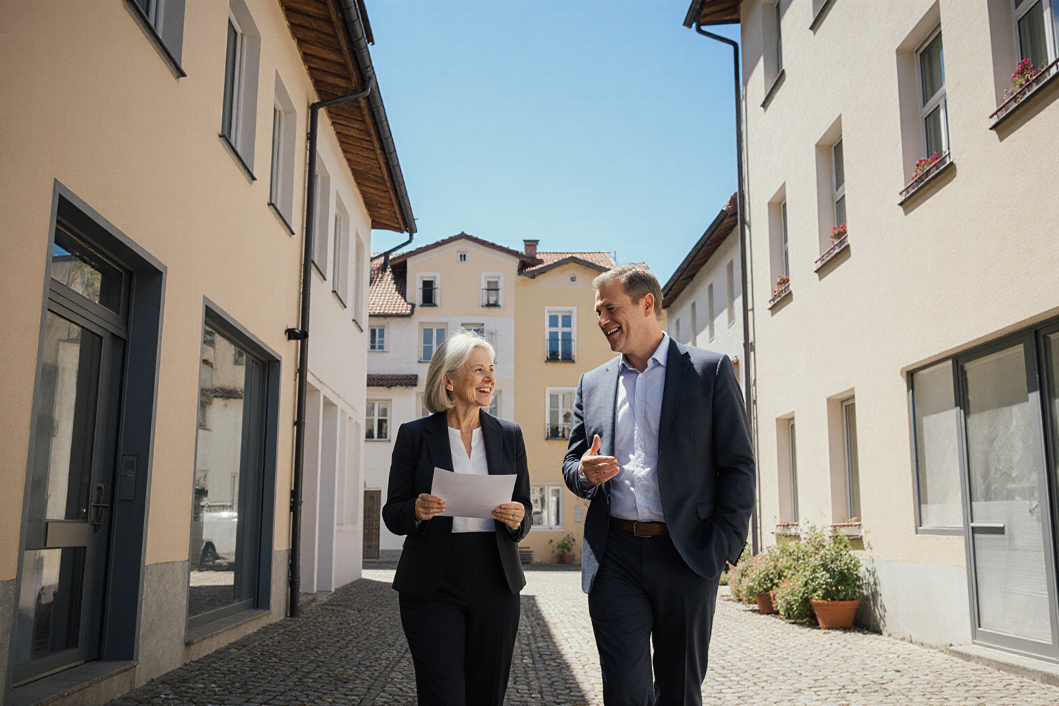 Besichtigung im Immobilienhof mit Ladenflächen, Büros und Wohnungen